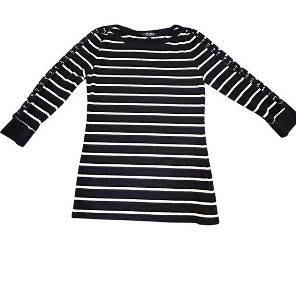 Lauren Ralph Lauren Navy Blue/White Striped 3/4 Lace Up Sleeve Boat Neck Size M - Picture 1 of 8